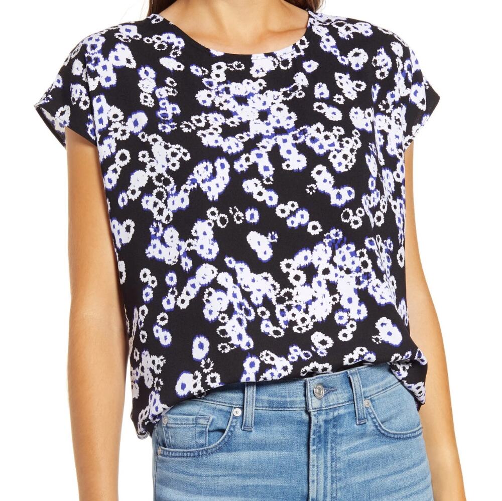 Halogen Petite Cap Sleeve Blouse in Blue/Black, Size MP
